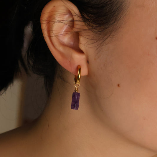 Amethysta Gold plated natural stone huggie hoops