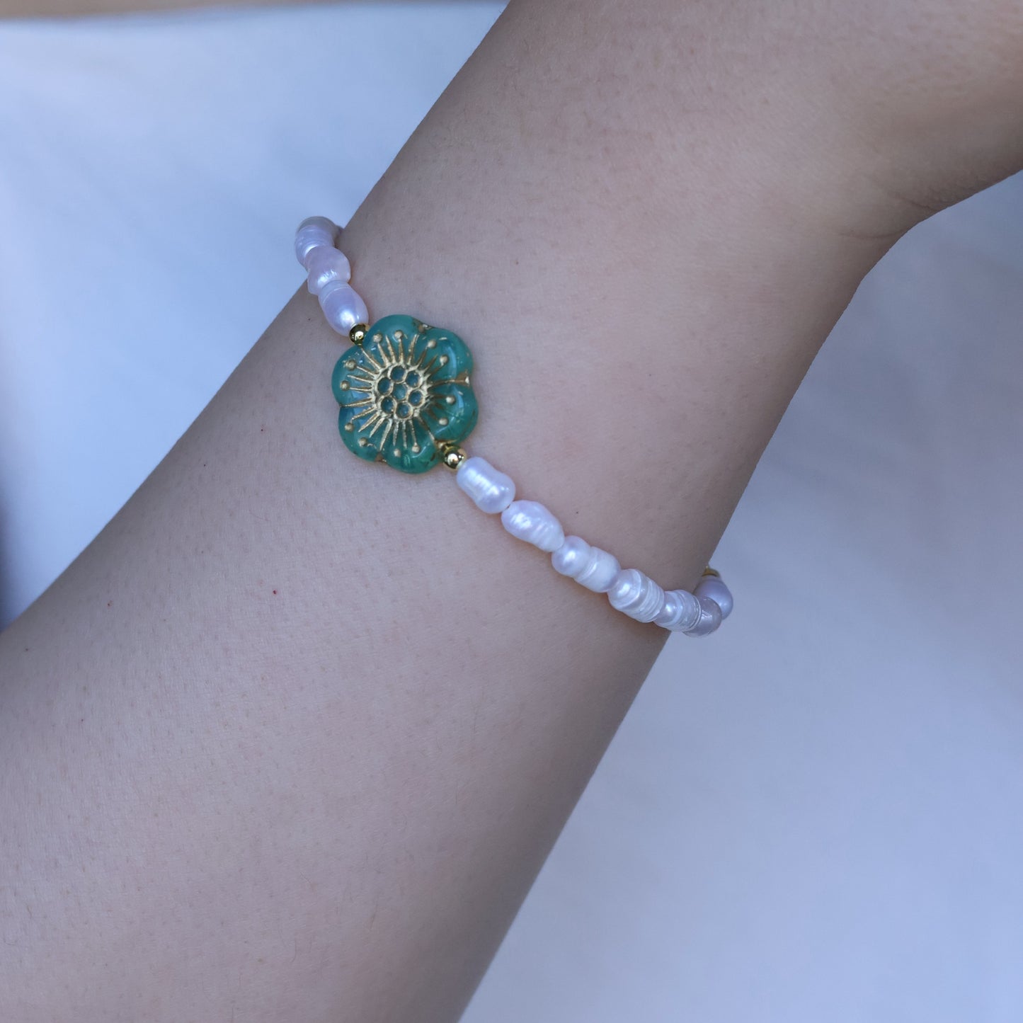 Freshwater Pearl Bracelet with Green Flower Charm