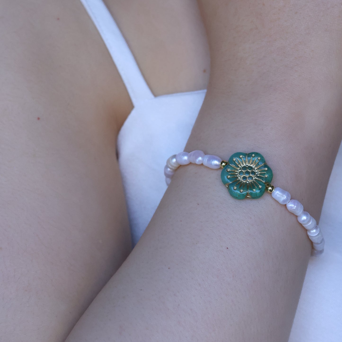 Freshwater Pearl Bracelet with Green Flower Charm