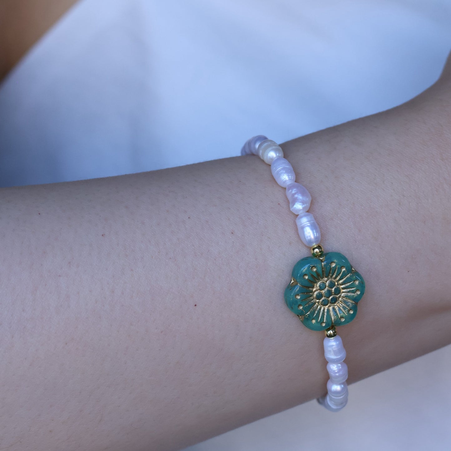 Freshwater Pearl Bracelet with Green Flower Charm
