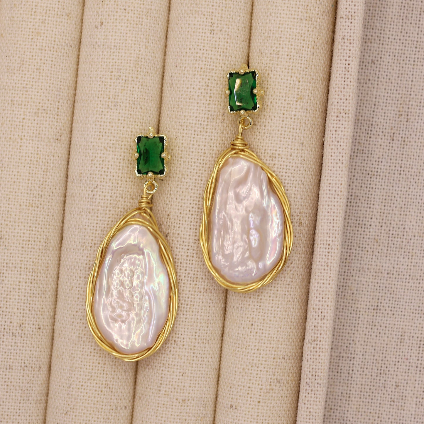 Verde Gem Baroque pearl earrings handmade