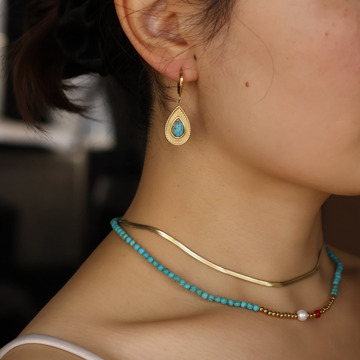 Teardrop Turquoise Huggies Earrings