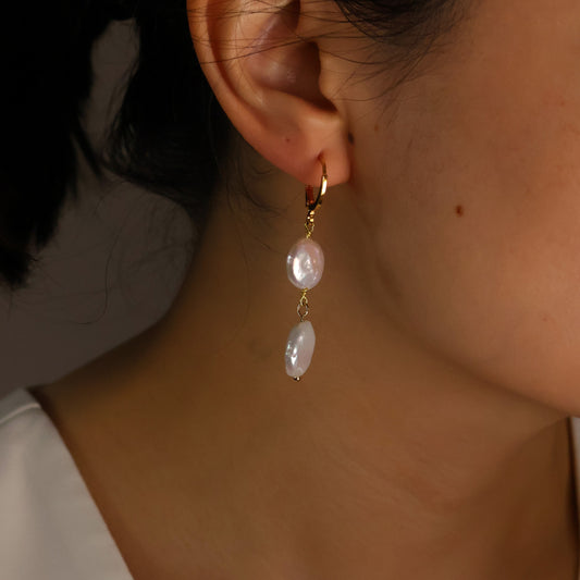 Button pearl huggies earrings