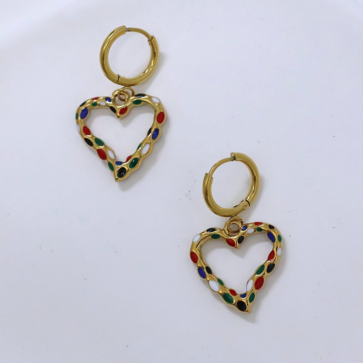 Colorful heart gold plated huggies earrings