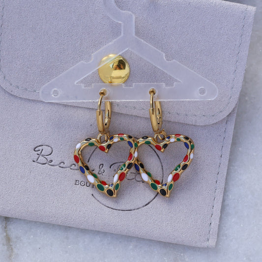 Colorful heart gold plated huggies earrings