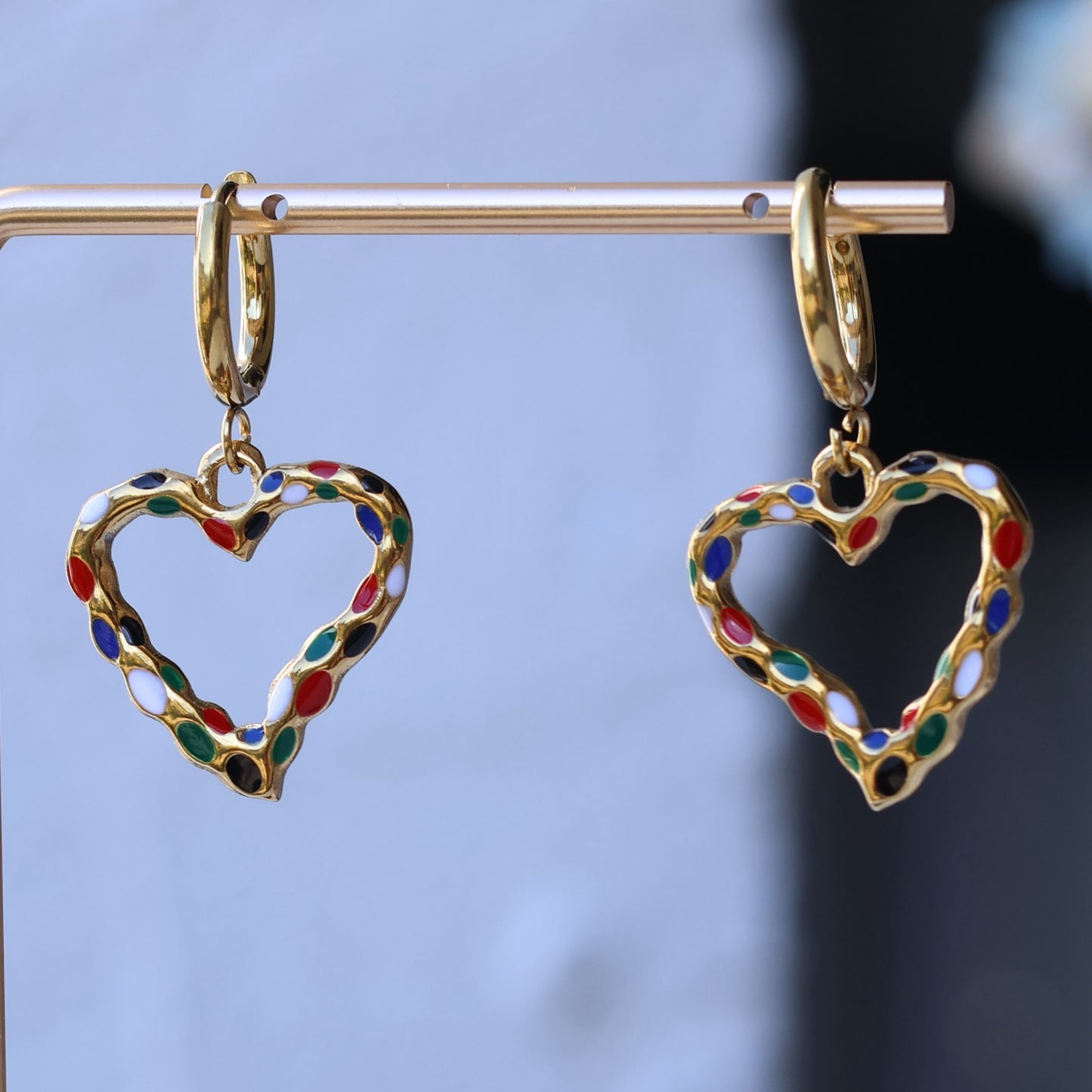 Colorful heart gold plated huggies earrings