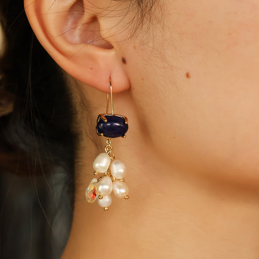 Indigo bellflower freshwater pearl drop earrings