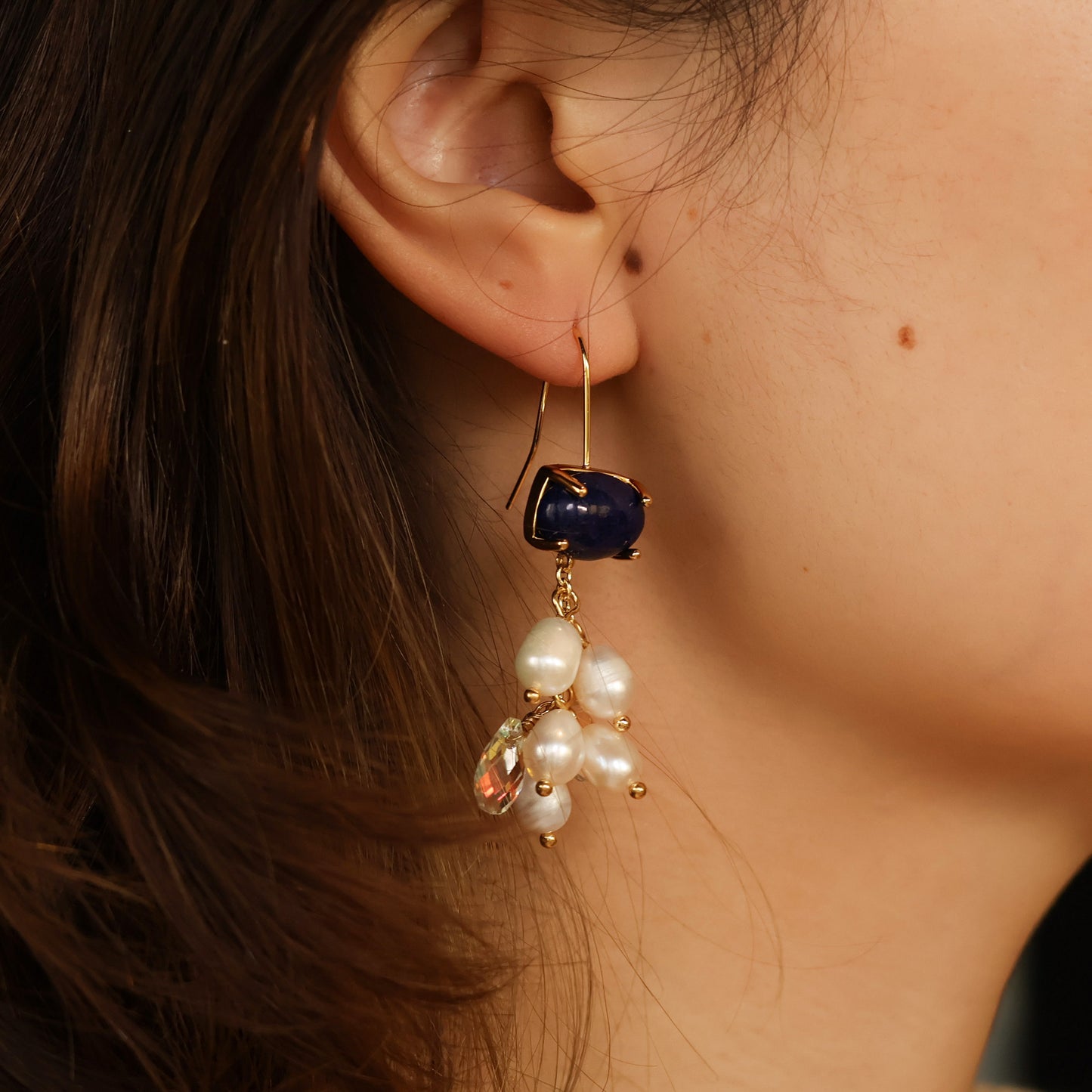 Indigo bellflower freshwater pearl drop earrings