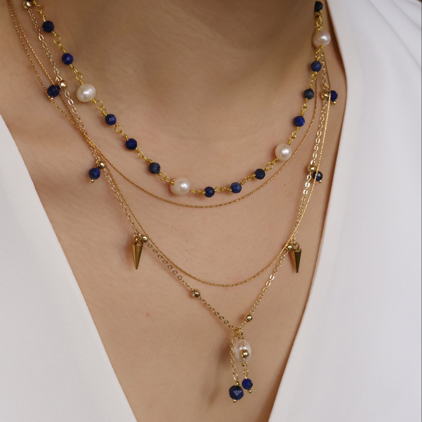 Lapis Dream handmade necklace with natural lapis lazuli beads and freshwater pearl