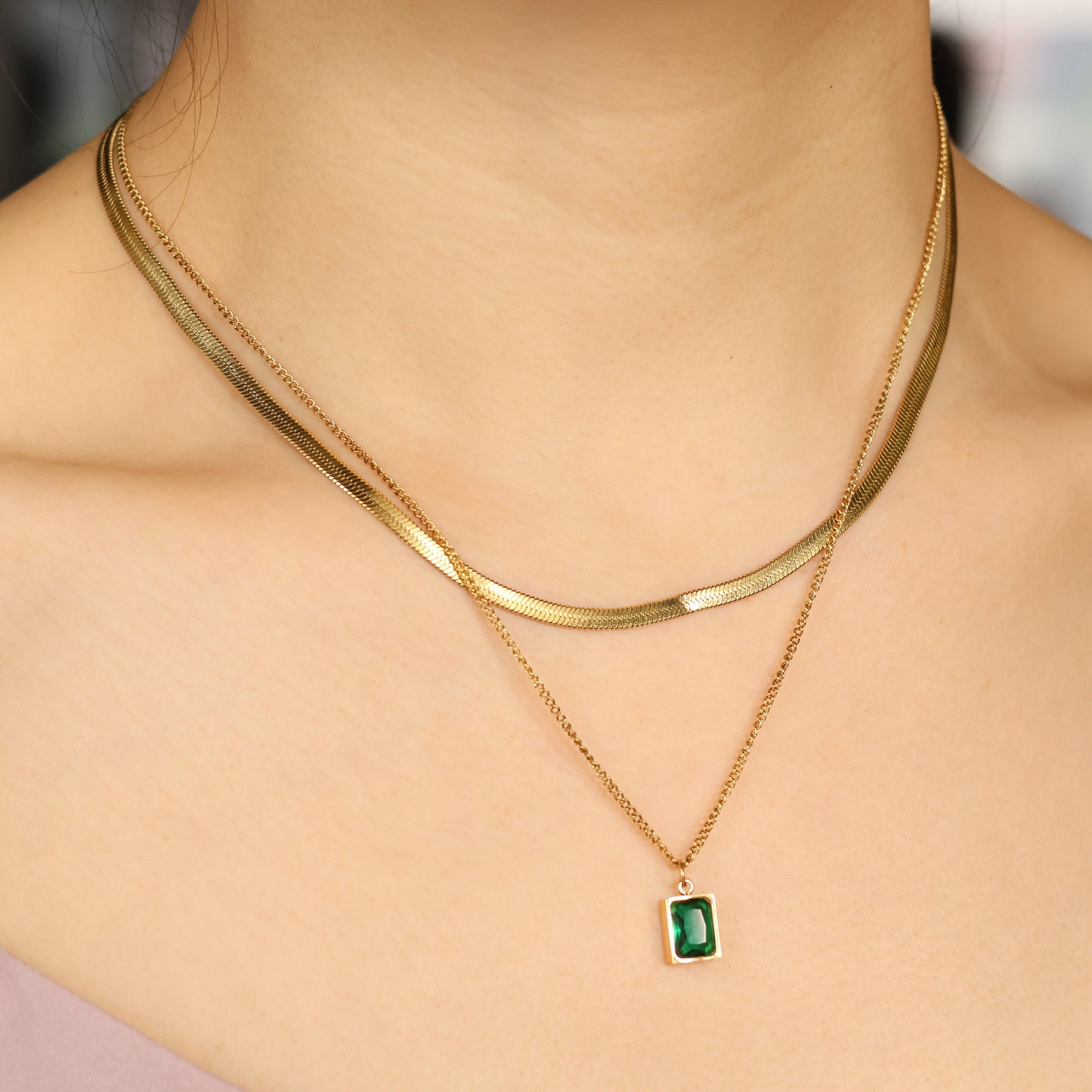Layered emerald necklace gold plated