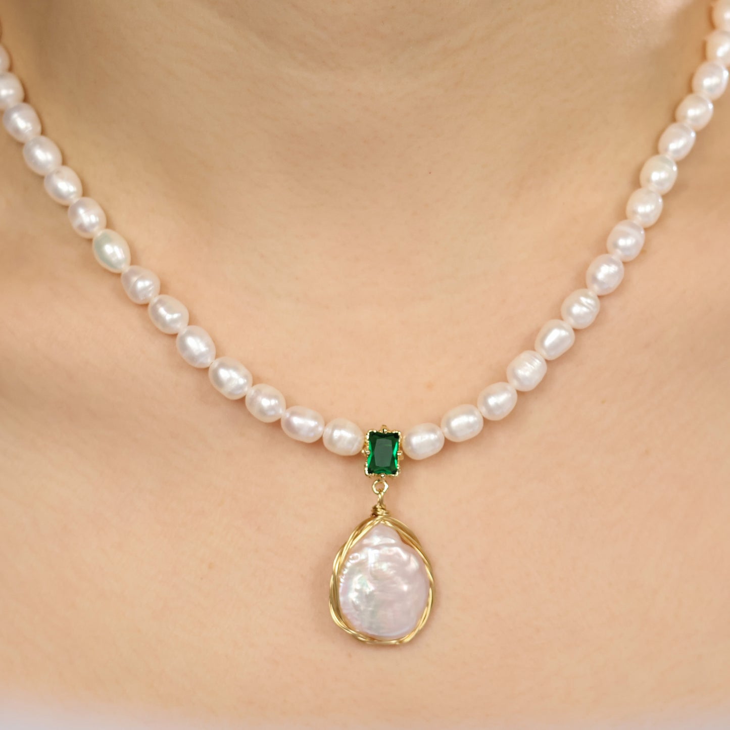 Verde Gem Baroque Pearl Necklace handmade