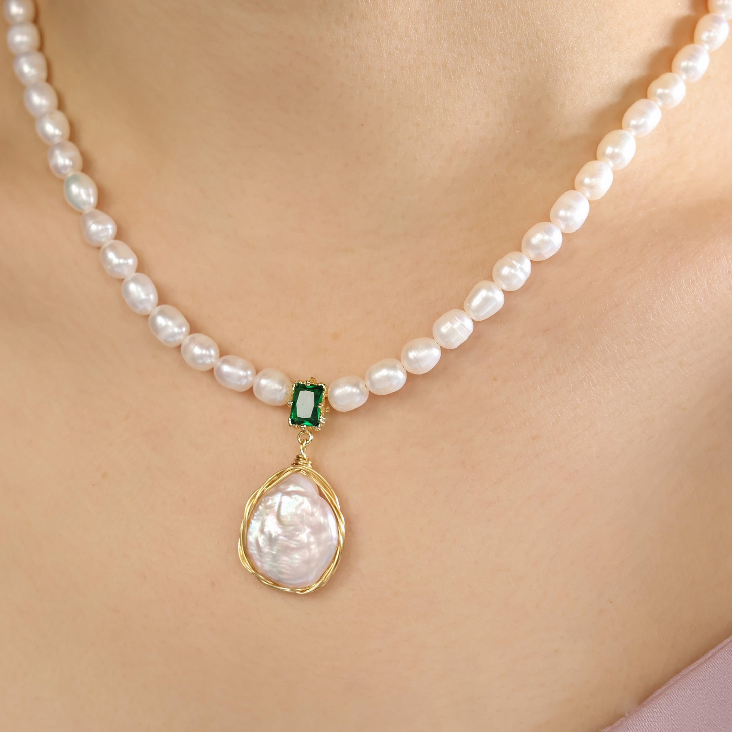 Verde Gem Baroque pearl earrings handmade