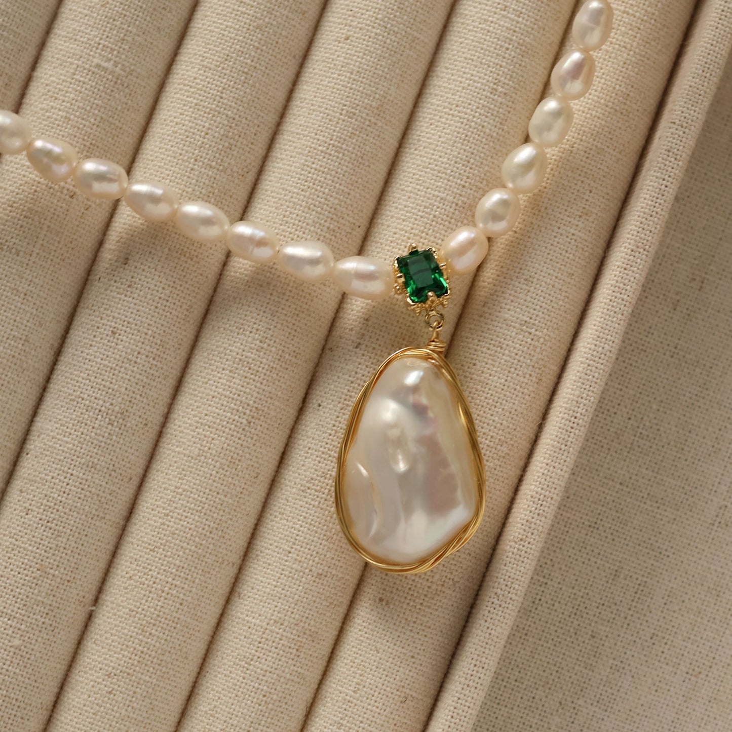 Verde Gem Baroque Pearl Necklace handmade