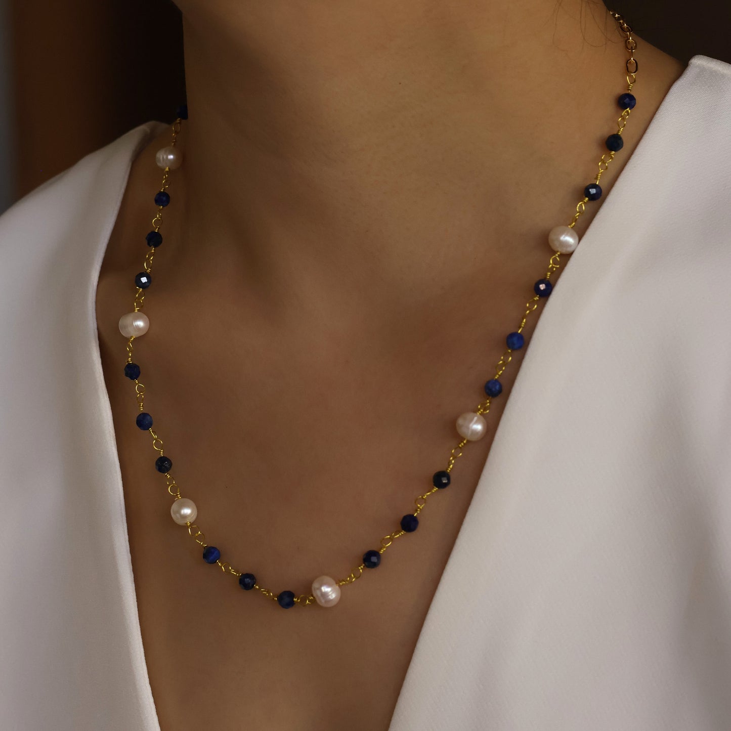 Floating Lapis Lazuli and pearl long necklace