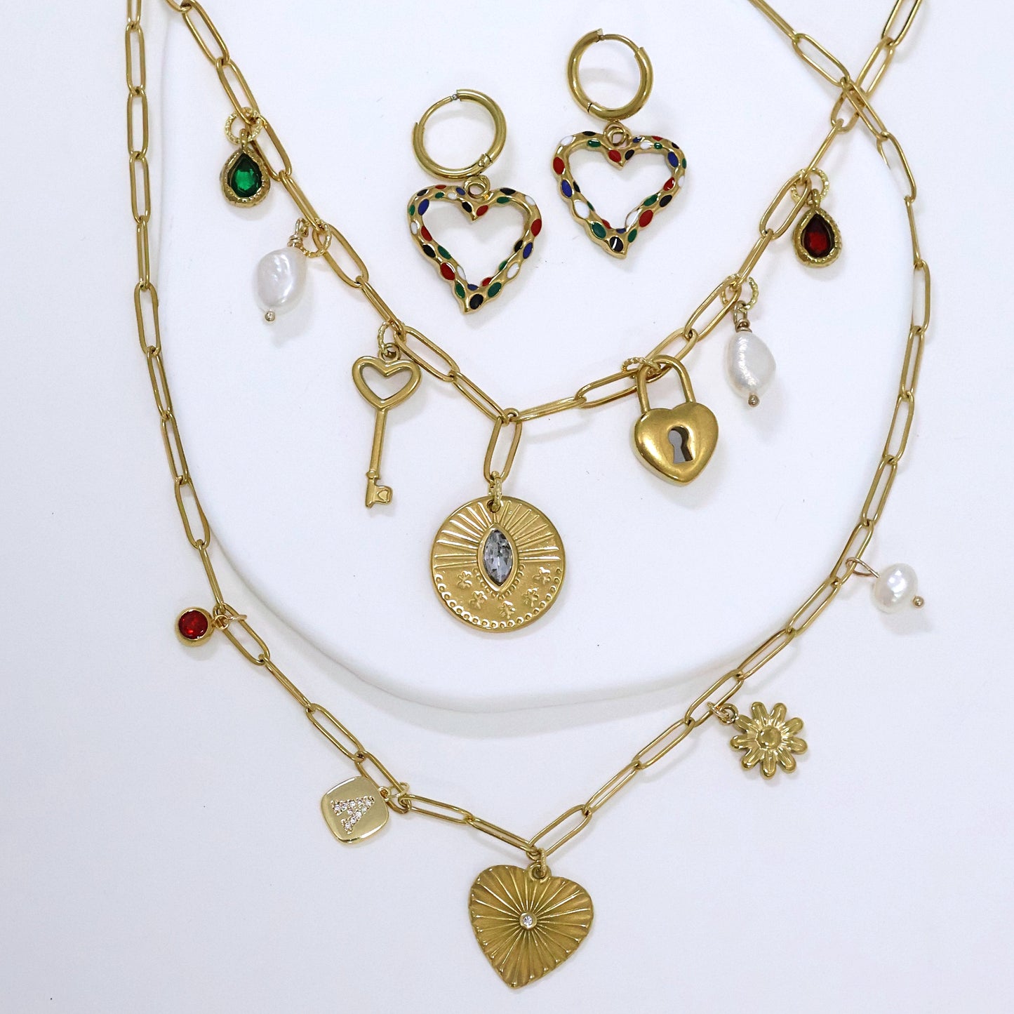 Colorful heart gold plated huggies earrings