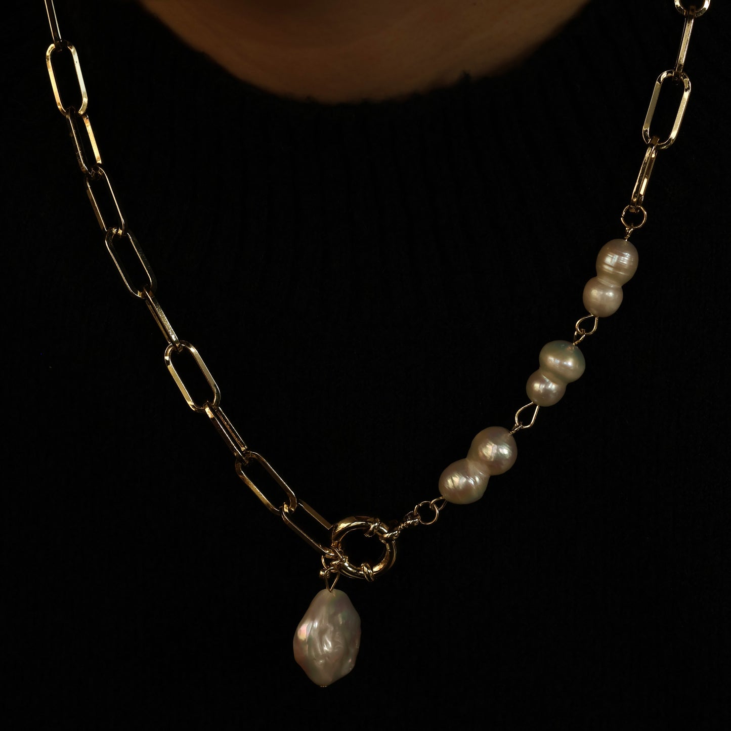 Ingrid baroque pearl necklace with chunky gold plated chain