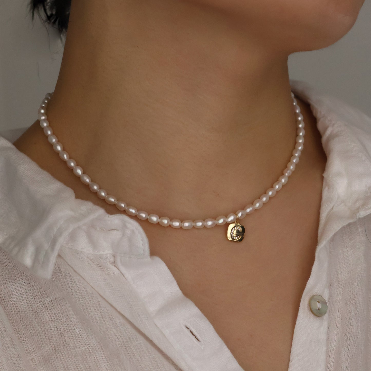 Handmade natural rice pearl necklace with initial