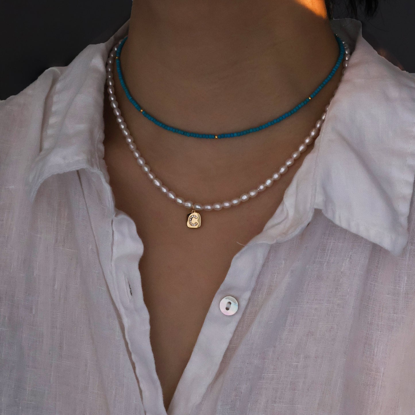 Handmade natural rice pearl necklace with initial