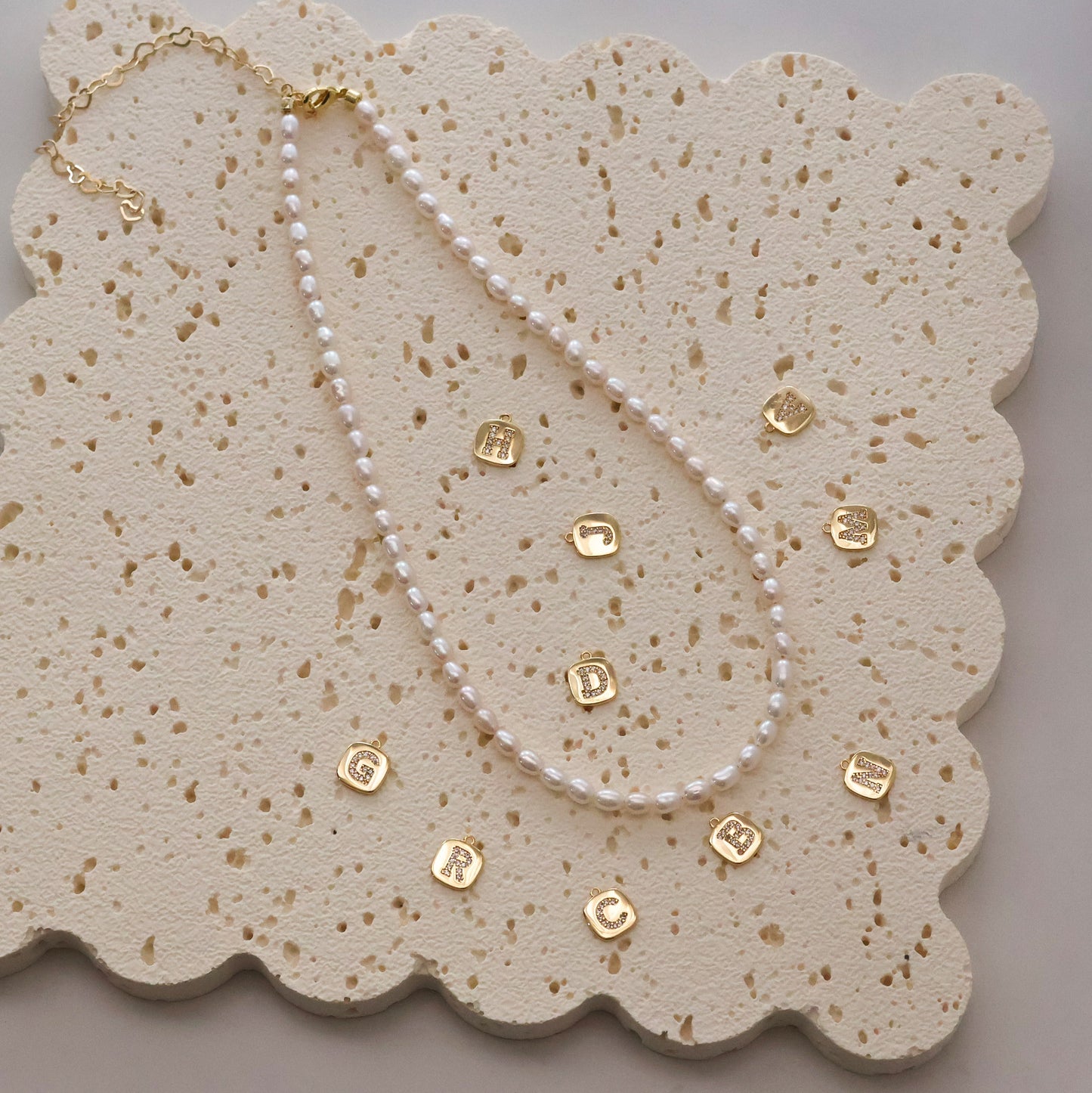 Handmade natural rice pearl necklace with initial