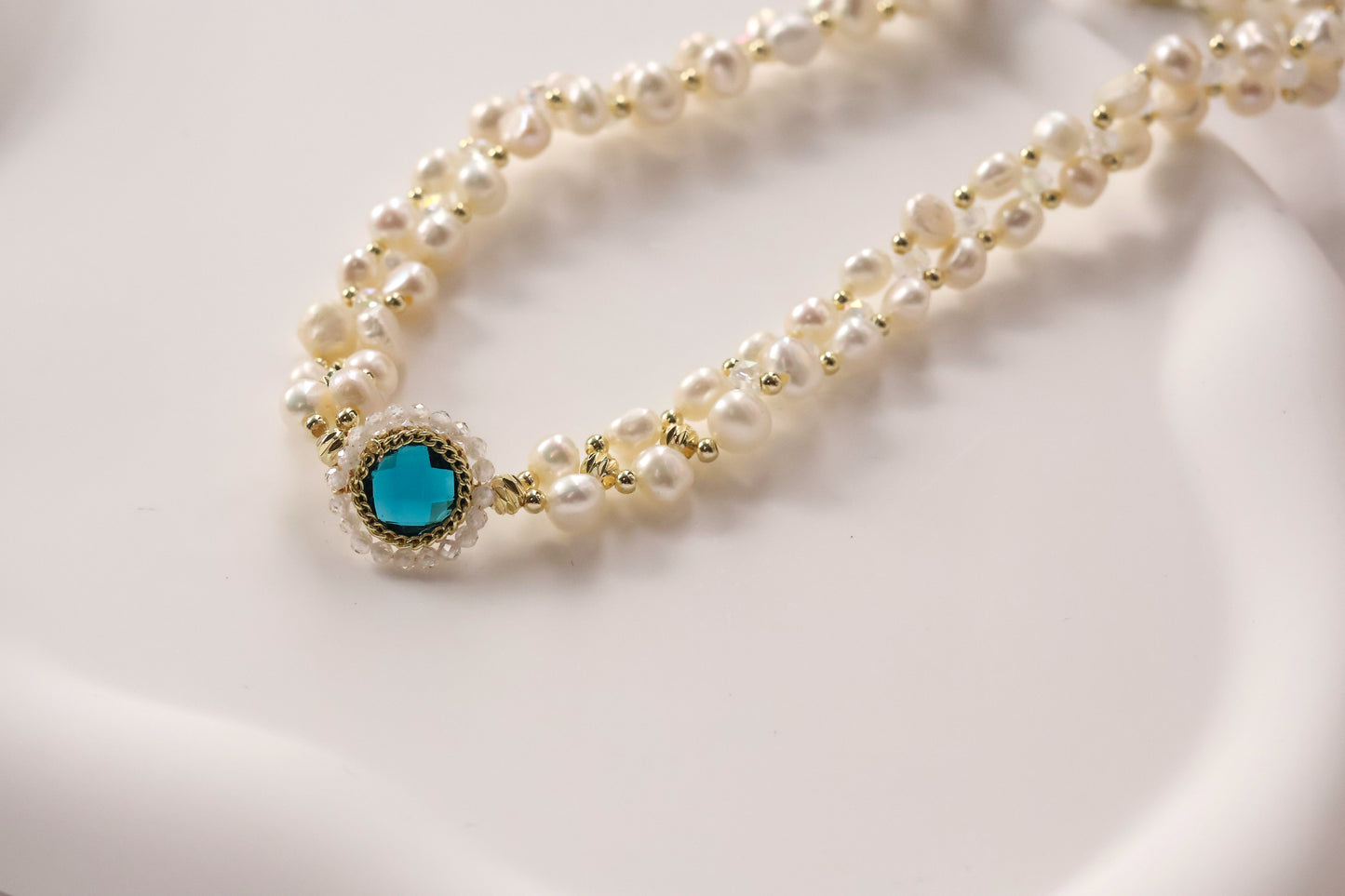 Tiana handmade pearl choker with blue gemstone