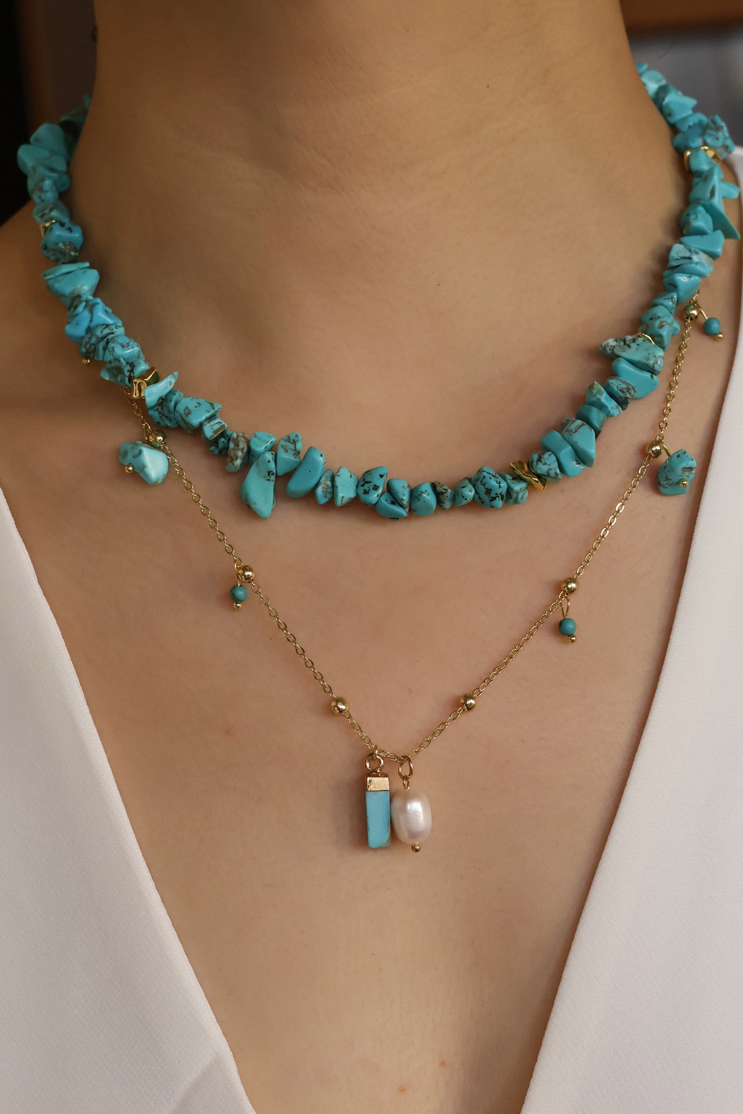Turquoise beach handmade necklace with natural turquoise stone and freshwater pearl