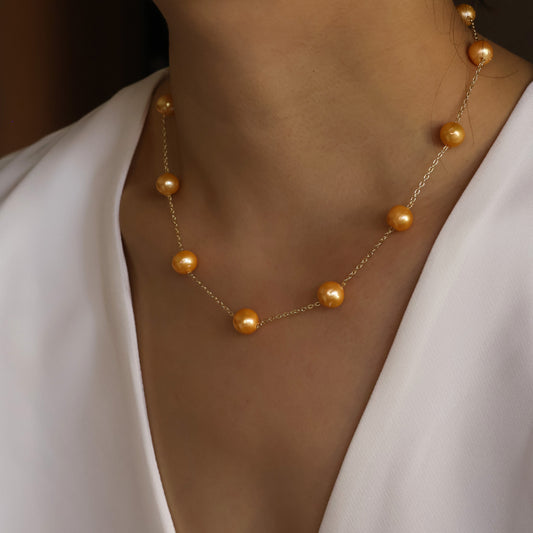 Gamboge freshwater pearl necklace with gold plated curb chain