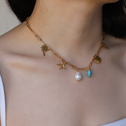 Ocean Breeze Charm Necklace gold plated handmade
