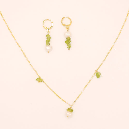 Olive Cascade Huggies Earrings and Necklace set Handmade August birthstone