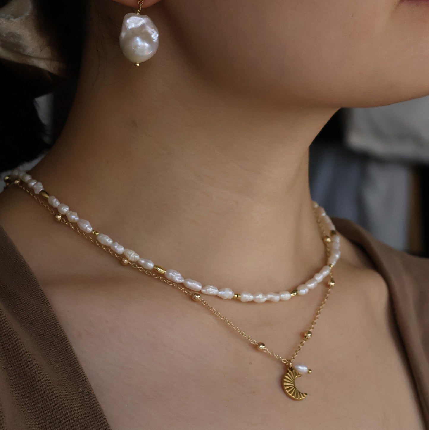 Summer Moon Necklace with Natural Pearl Handmade Gold Plated