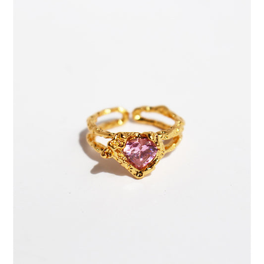 Gold plated open heart ring with pink cubic zirconia