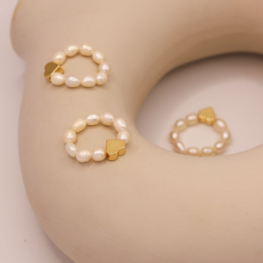Freshwater pearl ring with gold heart