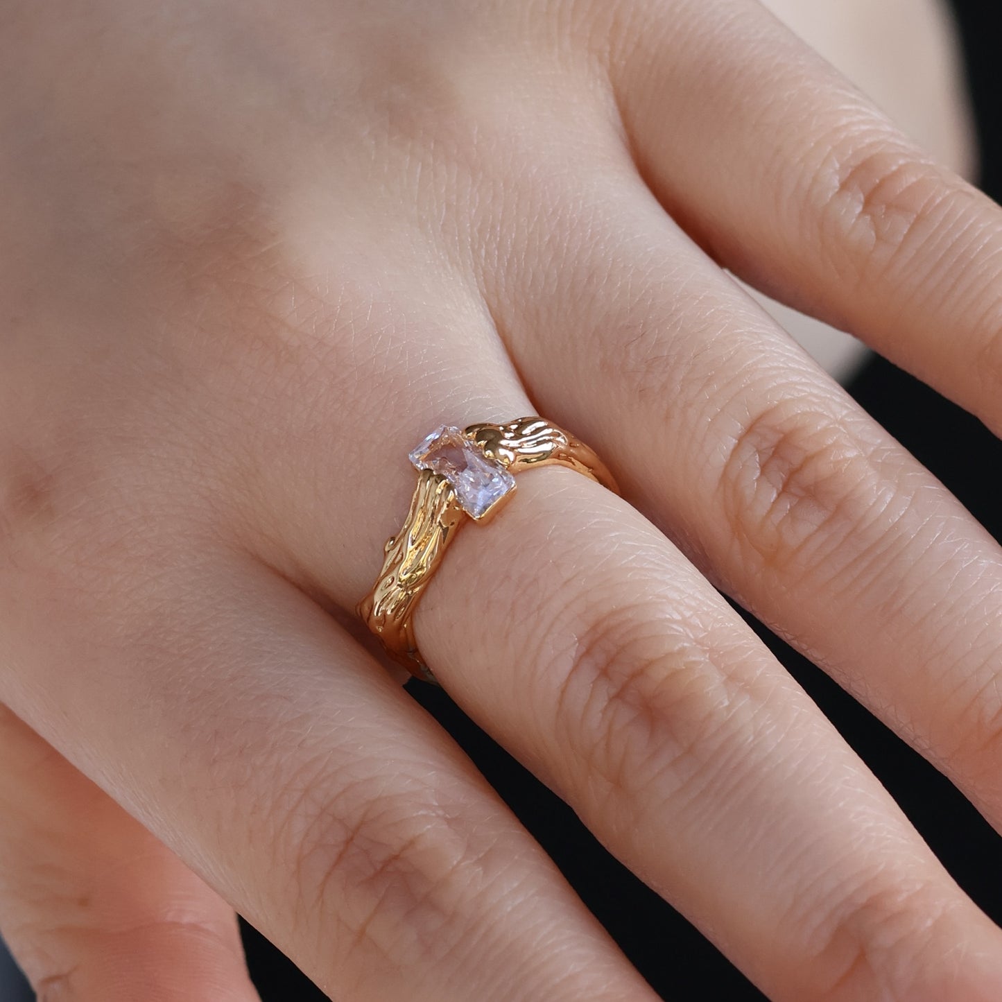 Ring-Textured Band Baguette Open Ring