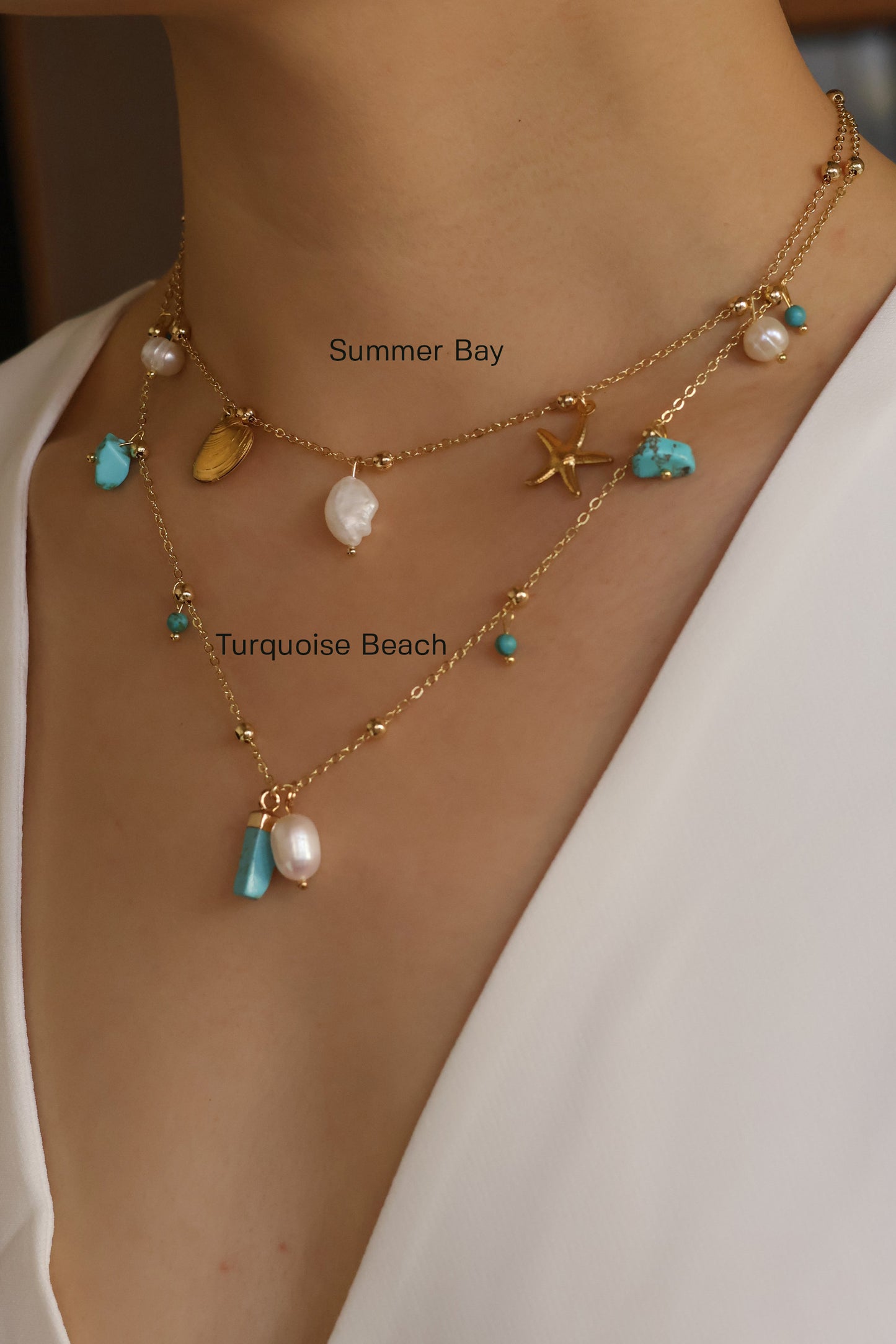 Turquoise beach handmade necklace with natural turquoise stone and freshwater pearl