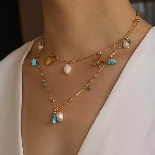 Turquoise beach handmade necklace with natural turquoise stone and freshwater pearl