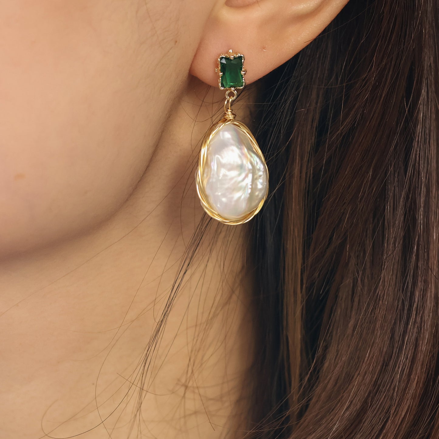 Verde Gem Baroque pearl earrings handmade