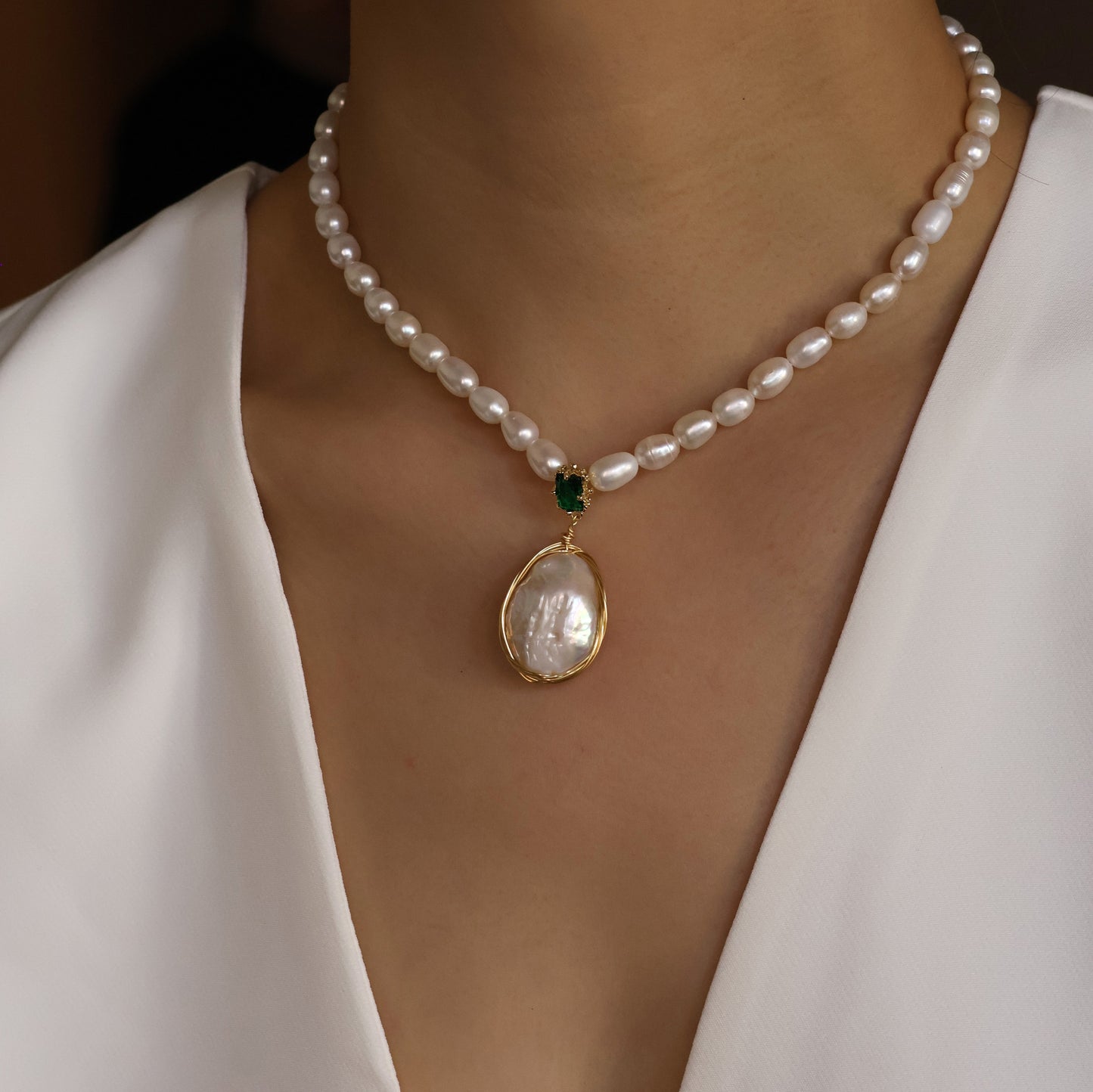 Verde Gem Baroque Pearl Necklace handmade