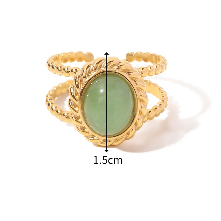Gold plated natural stone ring green jade
