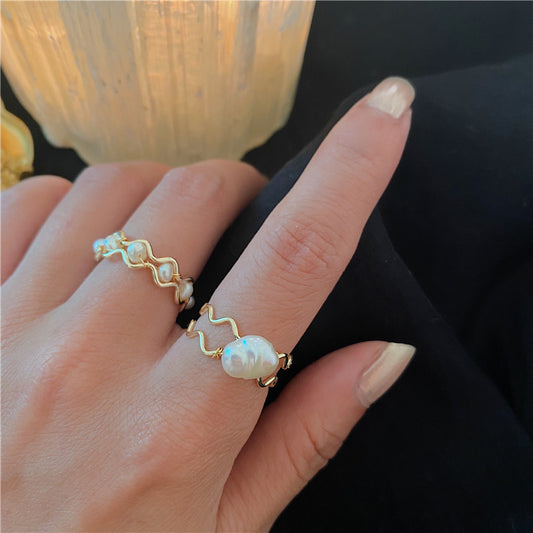 Freshwater pearl open ring with irregular gold band