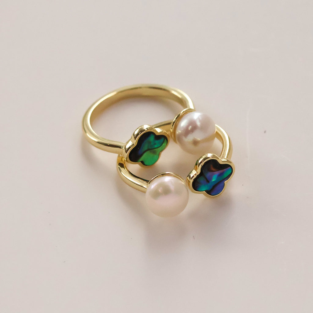 Pearl open ring with floral abalone shell