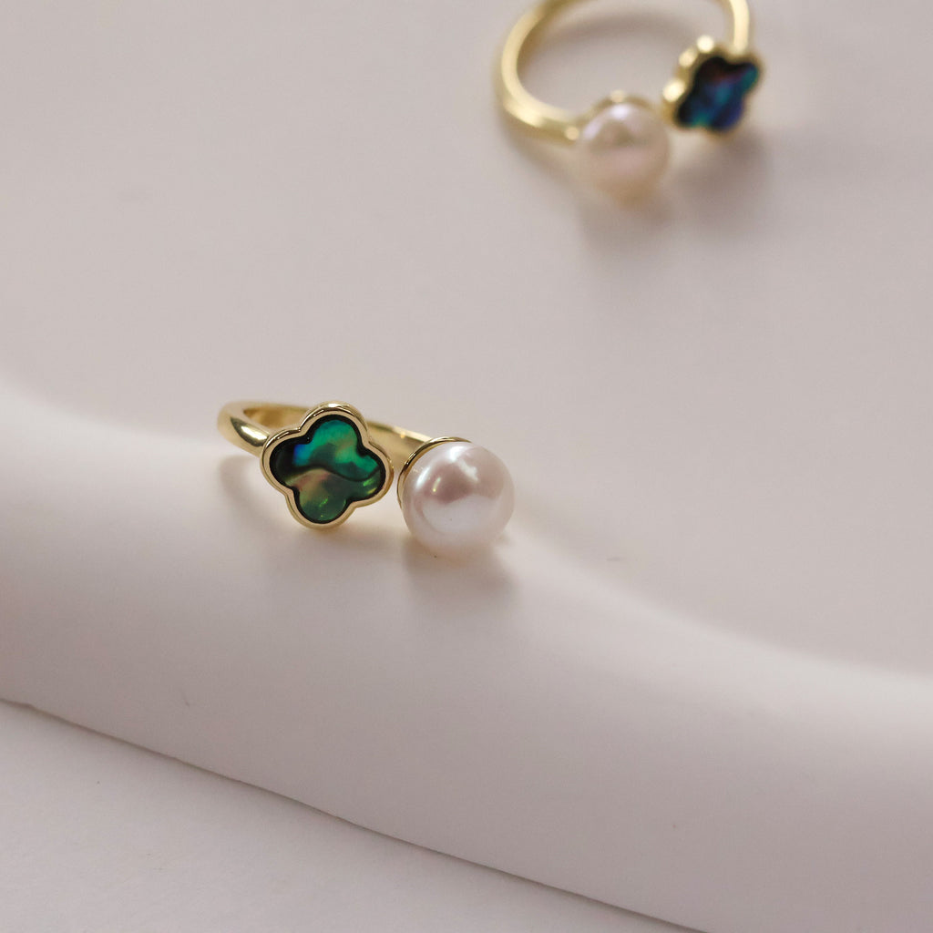 Pearl open ring with floral abalone shell
