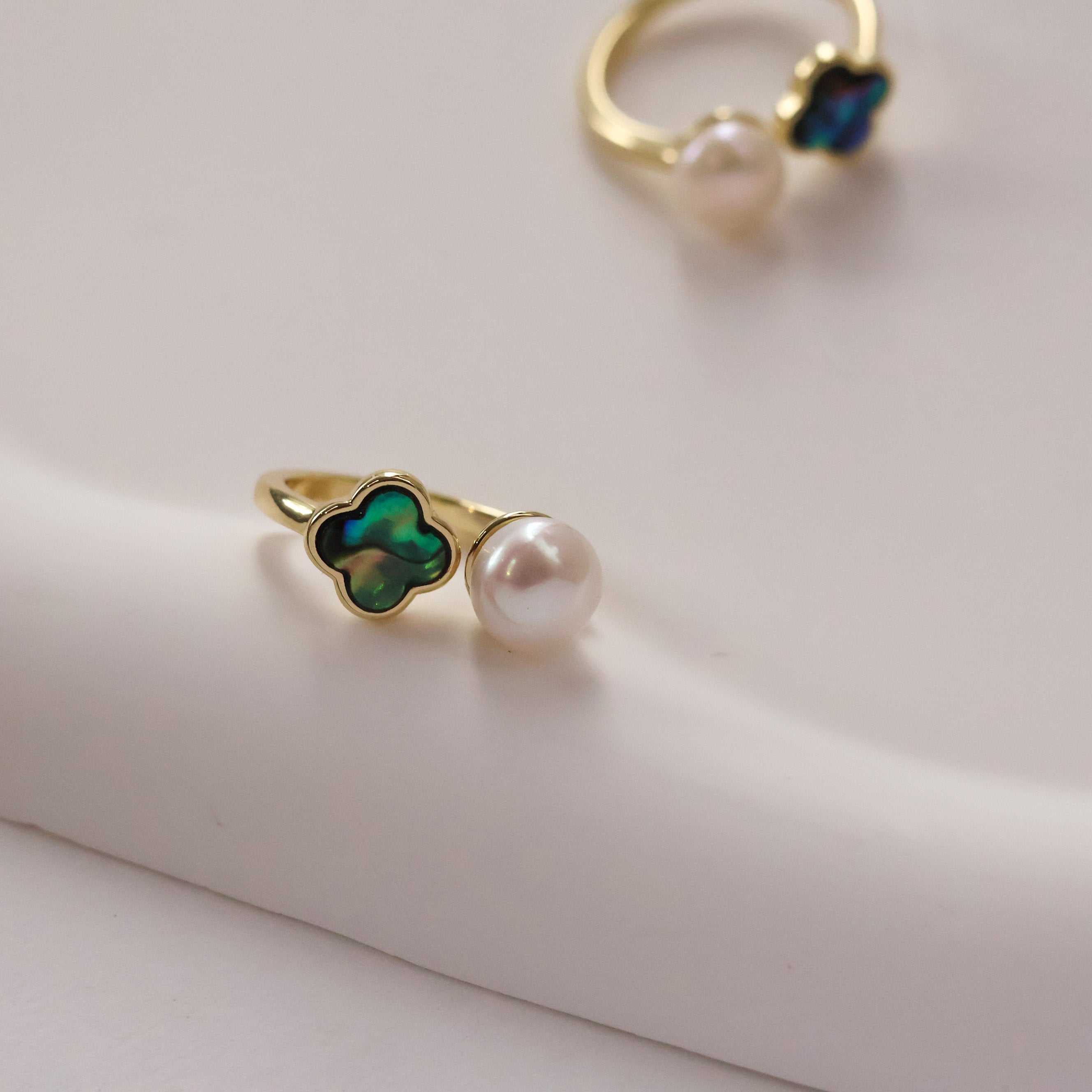 Pearl open ring with floral abalone shell