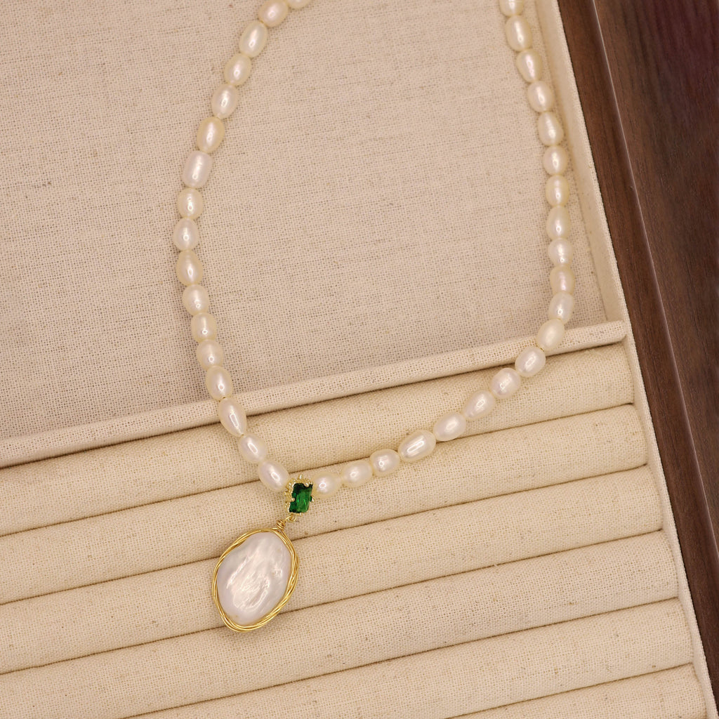 Verde Gem Baroque Pearl Necklace handmade