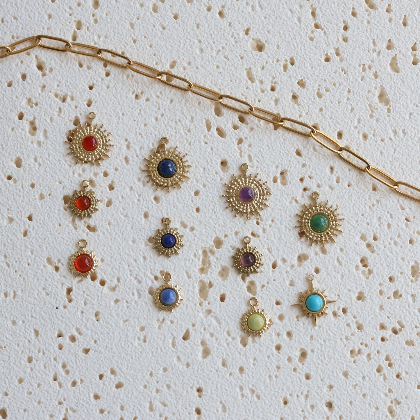 Solar Glow Gemstone Charms – 18K Gold-Plated Stainless Steel ☀️✨