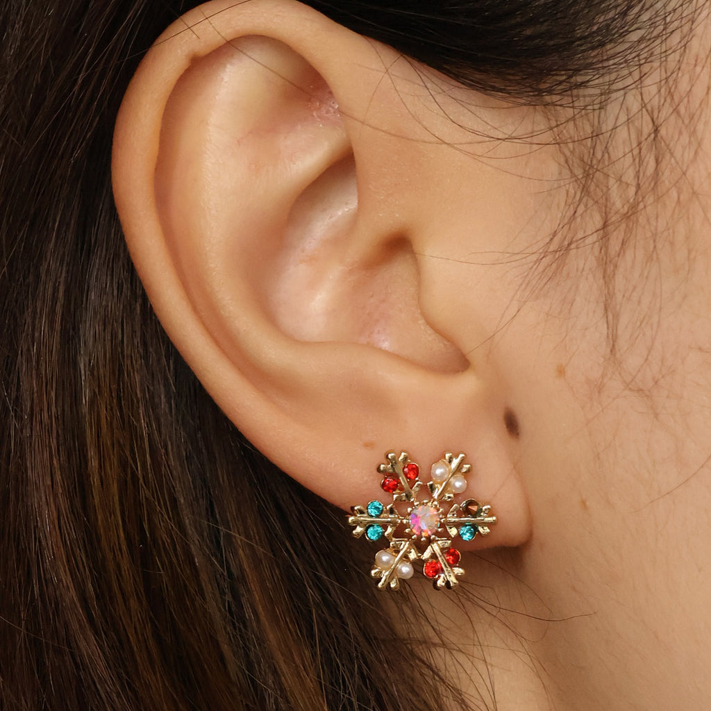 Asymmetrical Christmas stud earrings colorful snowflake and reindeer