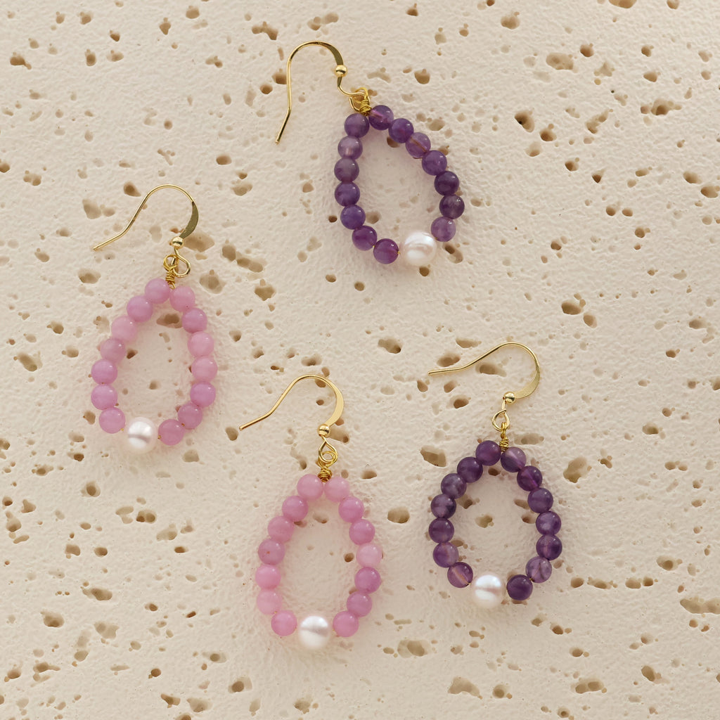Isla | Amethyst Beaded Teardrop Hoop Pearl Drop Earrings Handmade