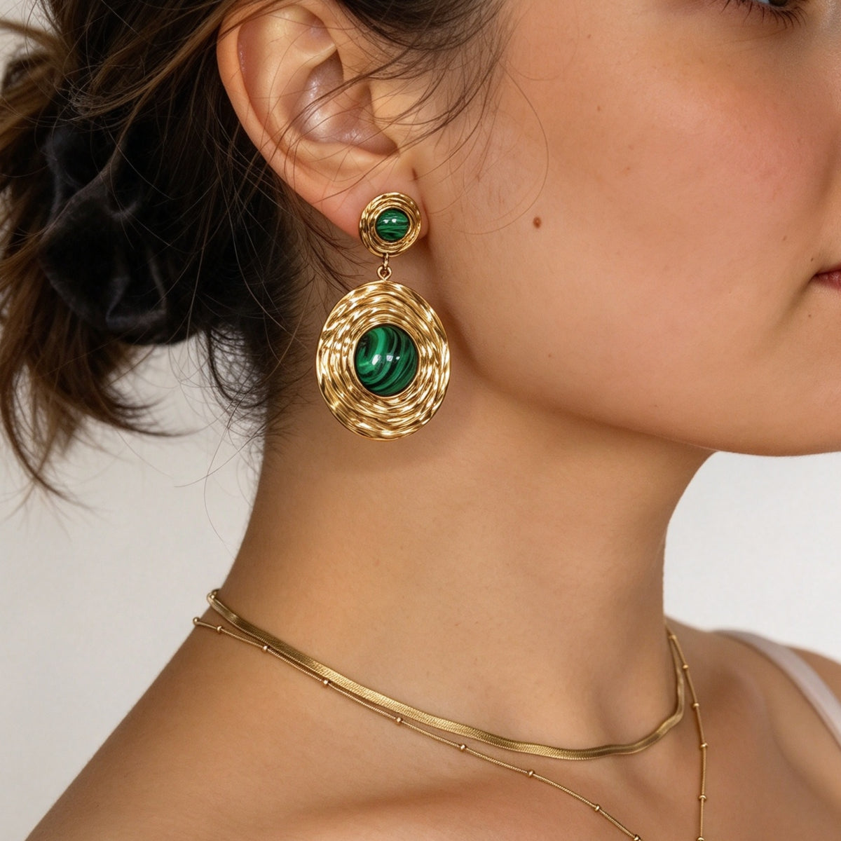 Malachite Gold Textured Disc Drop Earrings