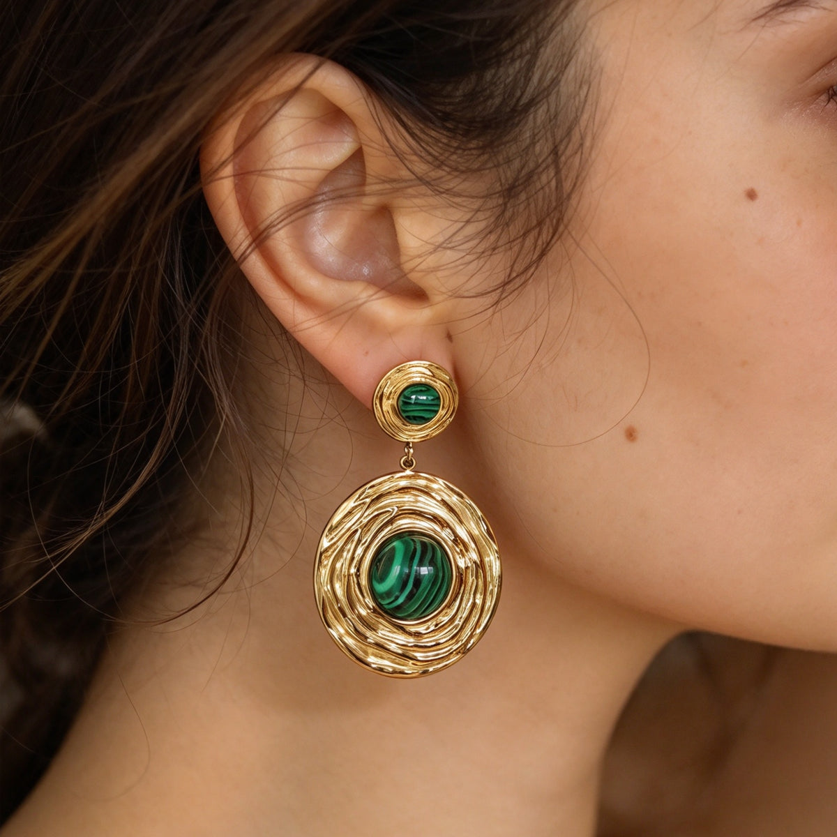 Malachite Gold Textured Disc Drop Earrings