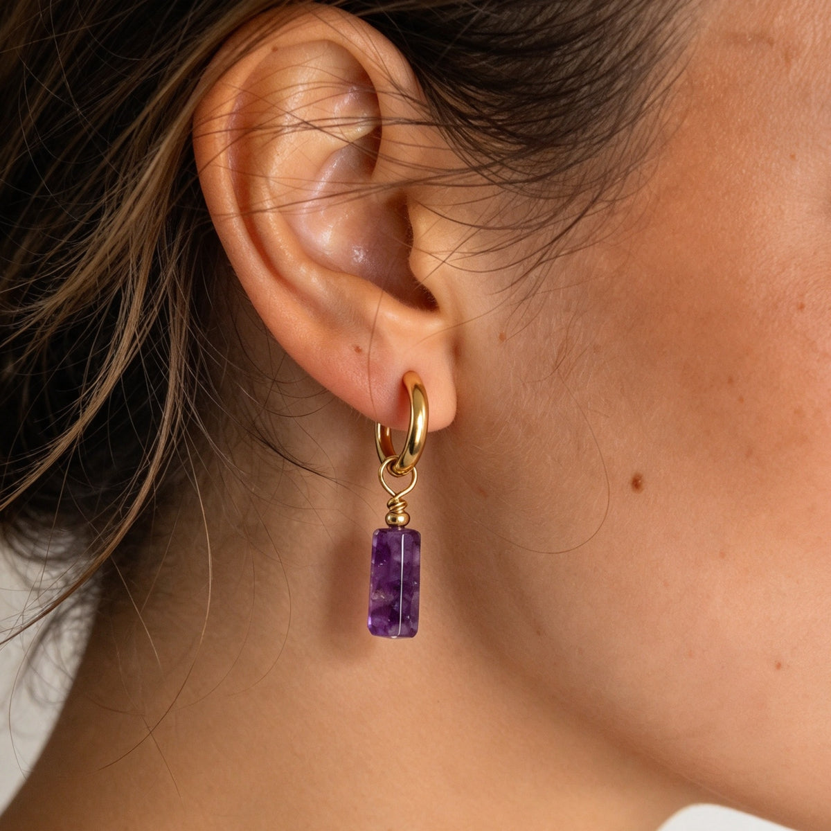 Purple Amethyst Bar Gold Hoop Drop Earrings
