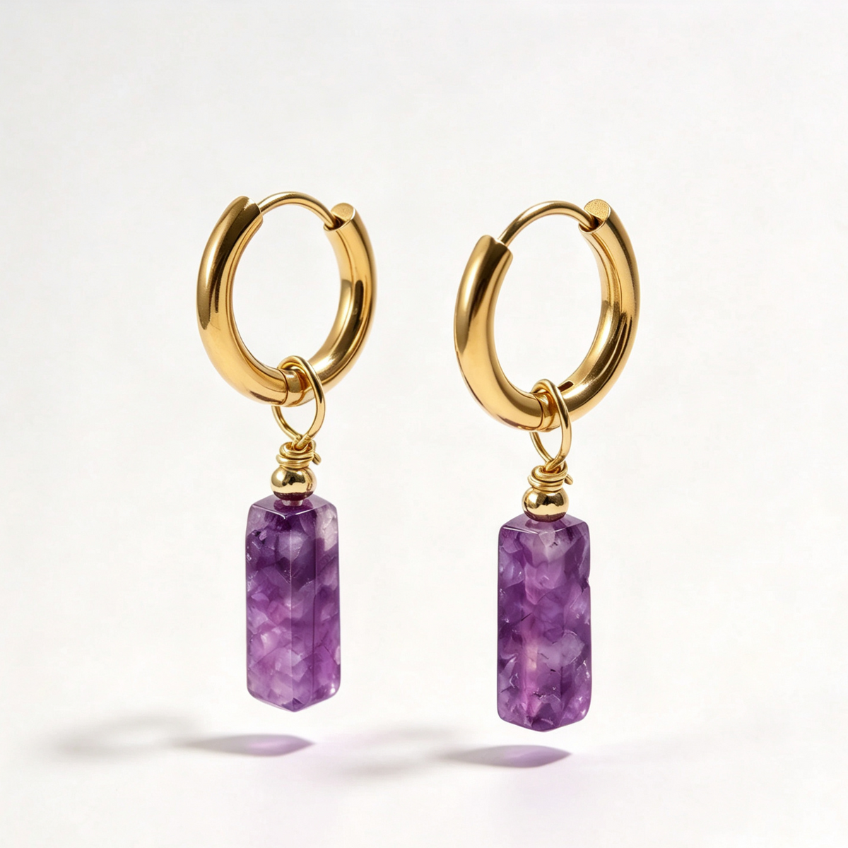 Purple Amethyst Bar Gold Hoop Drop Earrings