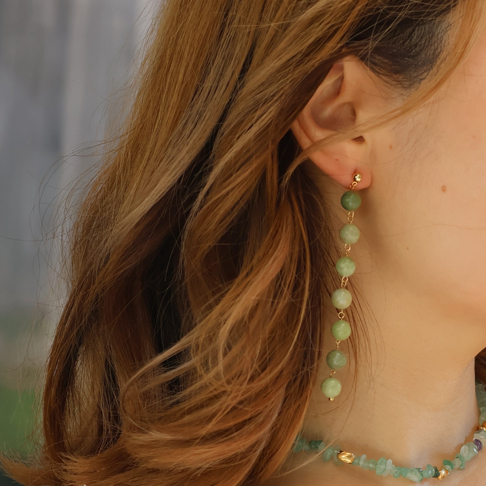 Lush Drop Jade Long Drop Earrings | Handmade Green Bead Linear Earrings
